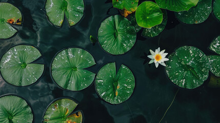 Poster -   White flower bobbing on water with green lilies surrounding it