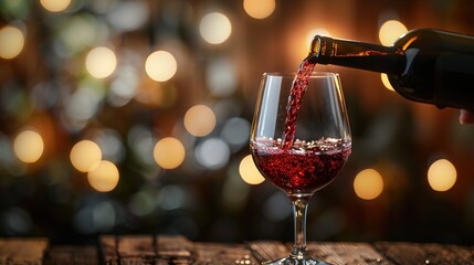 Sticker -   Red wine pouring from bottle into wine glass under soft lighting