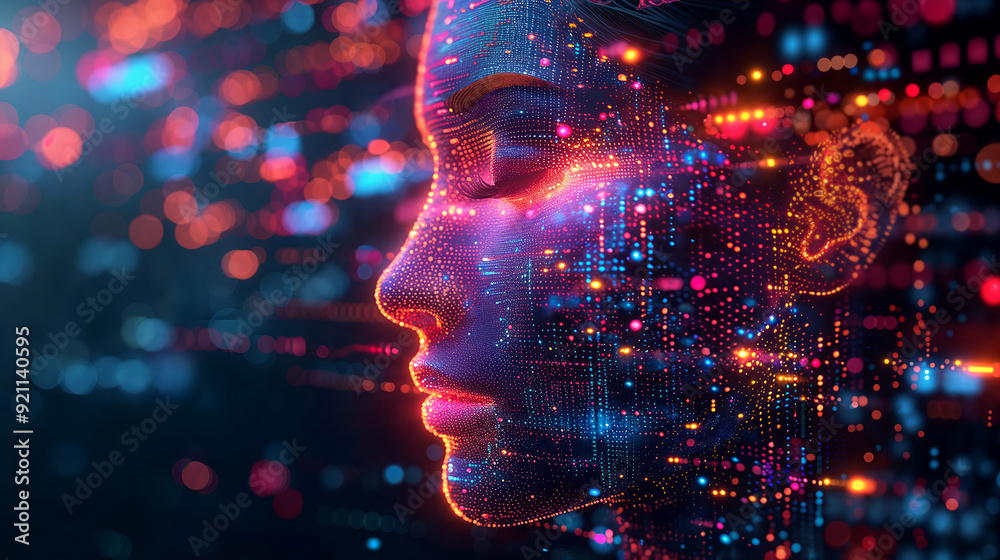 Digital face composed of vibrant, glowing particles in neon colors ...