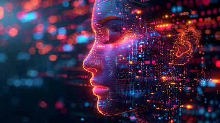 Fototapete - Digital face composed of vibrant, glowing particles in neon colors against a dark background, representing the concept of artificial intelligence and technology