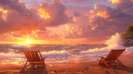 Wall Mural -   A pair of chairs rest atop a sandy shore, surrounded by clouds in the sky and seagulls flying overhead