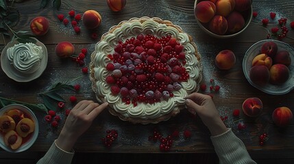   An individual placing raspberries and peaches on a table, using plates and bowls to display an array of fruits