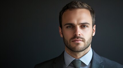 Poster - The Determined Gaze: A young professional exudes confidence and resolve in a powerful portrait against a dark background. 