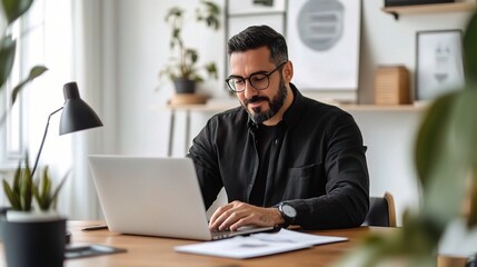 Wall Mural - Focused Businessman Working on Laptop at Desk: A man with a beard and glasses sits at a clean wooden desk, focused on his laptop in a contemporary office setting. 