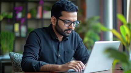 Poster - Focused Businessman: A serious and determined young man in glasses works intently on his laptop, demonstrating focus and dedication in a contemporary office environment.  