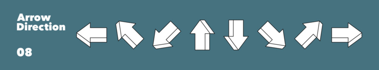 Poster - Set of 3d arrows with different directions. Collections of arrows pointers in cartoon line style. Vector illustration