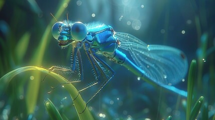 Sticker -   A blue dragonfly with water droplets on its wings, perched on a grass blade