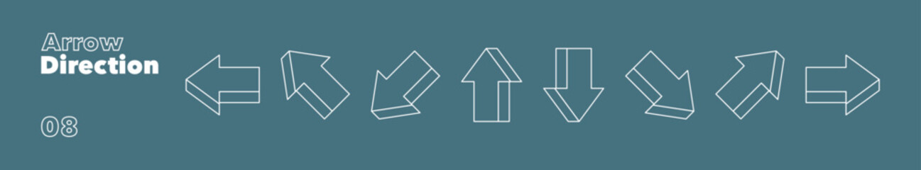 Poster - Set of 3d linear arrows with different directions. Collections of arrows pointers in cartoon line style. Vector illustration