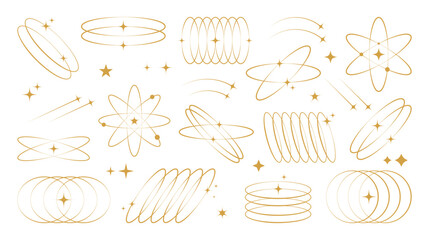 Wall Mural - trendy aesthetic shapes in y2k style. outline line elements with stars and sparkles in gold color. a