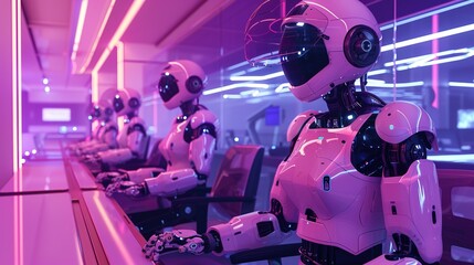 Sticker - A Row of Futuristic Robots in a Neon Lit Room