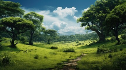 A serene landscape featuring lush greenery, trees, and a clear sky.