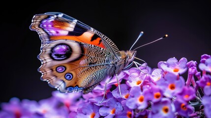 Sticker -   A close-up of a butterfly on a flower with purple flowers in the foreground against a black background