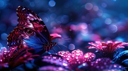 Poster -   Butterfly on flower with water droplets on wings and blurry background