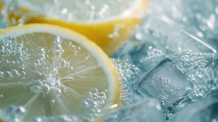 Wall Mural - Fresh lemon slices submerged in sparkling water with ice cubes