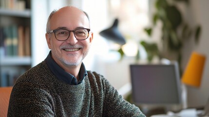 Sticker - Smiling Senior Professional: A portrait of a confident, mature man in glasses, radiating warmth and experience.