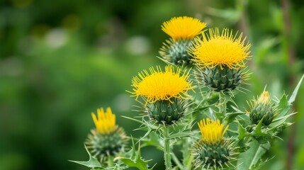 Canvas Print - Yellow thistle flower in full bloom during spring, with a natural background