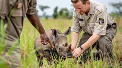 two conservationists tenderly attending to a baby rhinoceros in a grassy field, emphasizing the impo