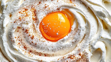 Wall Mural -   A close-up of a plate featuring whipped cream on top of an egg in the center