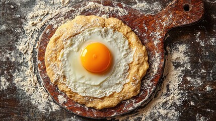 Wall Mural -   Wooden table with bread and egg on top of the cutting board