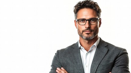 Poster - The Confident Executive: A portrait of a mature businessman in glasses, exuding an aura of authority and capability against a clean white backdrop.