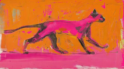 Canvas Print -   A vibrant painting showcases a black and pink cat against an orange and pink backdrop At its center stands a striking black feline