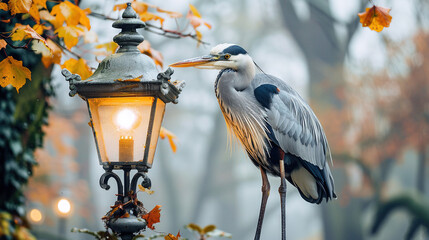 Sticker -   A bird perched on a lamp post near a tree with a light adjacent