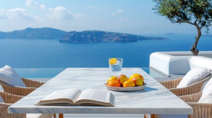 Wall Mural -   A bowl of fruit sits on a table beside an open book and a glass of water on a tabletop