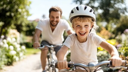 A parent and child riding bicycles on a path surrounded by greenery. The child's excitement and joy are evident as they lead the way, capturing a perfect sunny day moment.