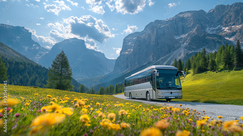 A modern tourist bus with large windows, traveling through a ...