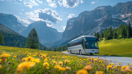 a modern tourist bus with large windows, traveling through a picturesque countryside with mountains 