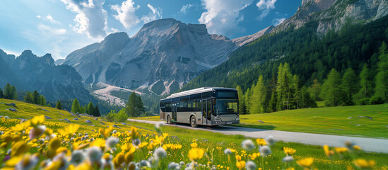 Wall Mural - a modern tourist bus with large windows, traveling through a picturesque countryside with mountains 