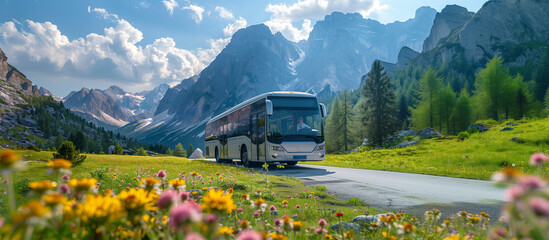 Wall Mural - a modern tourist bus with large windows, traveling through a picturesque countryside with mountains 
