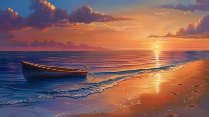 Sticker - A tranquil beach sunset with a small boat anchored offshore, the sun setting in the distance