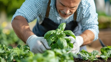 A gardener wearing gloves focuses on tending to a fresh basil plant, highlighting care, attention, and the nurturing aspect of garden maintenance and plant growth.