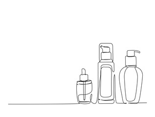 Leinwandbilder - Continuous one line drawing of cosmetics bottle packaging set. Cosmetic bottles single line vector illustration. Editable line vector.