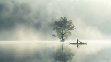 Sticker - A tranquil morning scene of a kayaker gliding through a misty lake, with the early morning fog