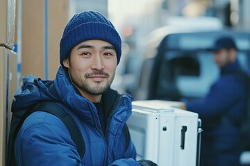 Wall Mural - Blue-Clad Delivery Workers Moving Appliances into Vehicle