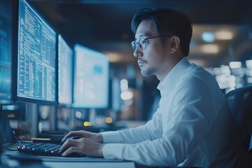 Businessman Operating Computer in Corporate Office