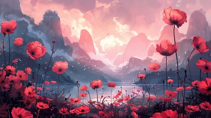 Canvas Print - Poppy Field at Sunset in Mountains