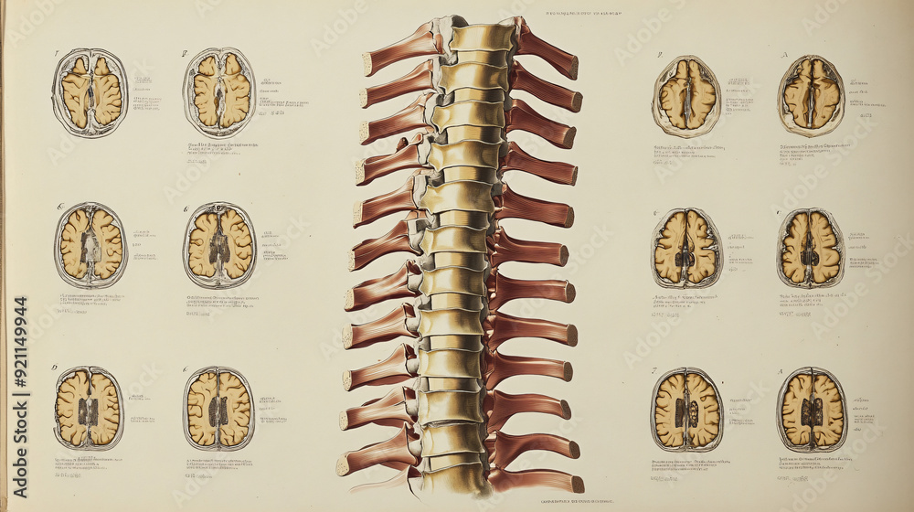 Cross-sectional anatomy of the human spine, showing vertebrae, discs ...