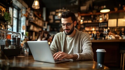 Urban Cafe Flow: Focused young professional working remotely on laptop in cozy cafe atmosphere, enjoying coffee and productivity. 