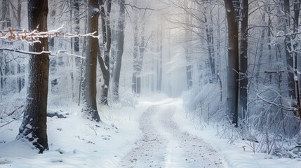 Poster - A tranquil snowscape with a snow-covered forest path winding through tall,