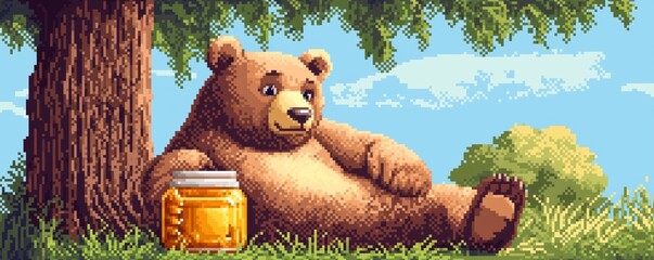 A pixel art cartoon bear with a jar of honey, lounging under a tree in the forest