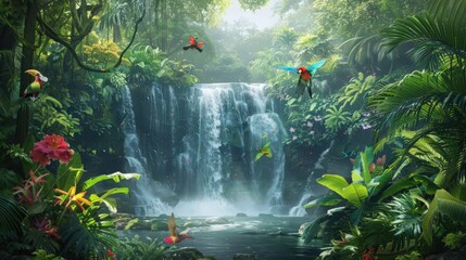 Wall Mural - A tranquil tropical rainforest with cascading waterfalls, lush greenery,