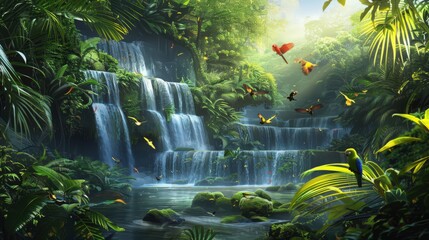 Poster - A tranquil tropical rainforest with cascading waterfalls, lush greenery,