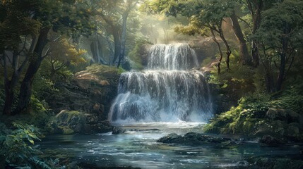 Poster - A tranquil waterfall flows gently through a secluded forest, with its water sparkling in the soft light