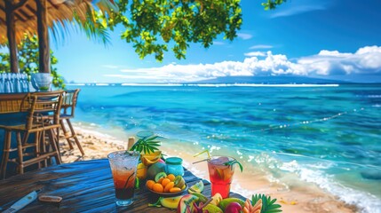 Wall Mural - A tropical paradise beach with turquoise waters, gentle waves, and a beachside bar with colorful cocktails and tropical fruit platters.