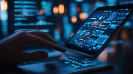 Poster - A user secures their digital data with mobile and laptop devices equipped with high-level privacy security and encryption features.