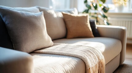 Wall Mural - Beige Sofa with Pillows and Throw Blanket in a Sunny Room