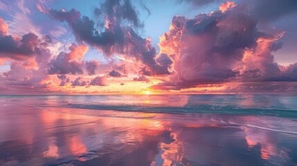 Wall Mural - A vibrant beach sunset with dramatic clouds catching the last rays of sunlight, creating a colorful display of oranges,